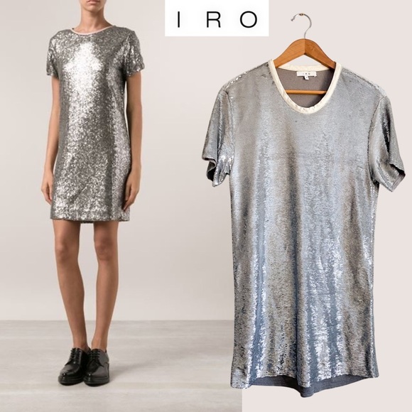 IRO Silver Sequin Shirt Mini Dress Shift Disco Party Sparkly Cocktail NYE Retro - Picture 1 of 12